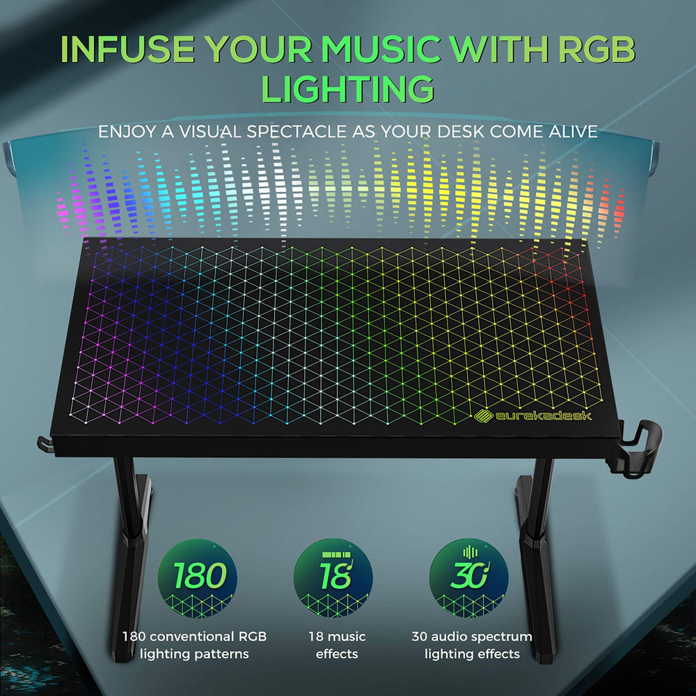 Escritorio para juegos Avoca de 43 pulgadas con cubierta de vidrio y LED RGB, color negro