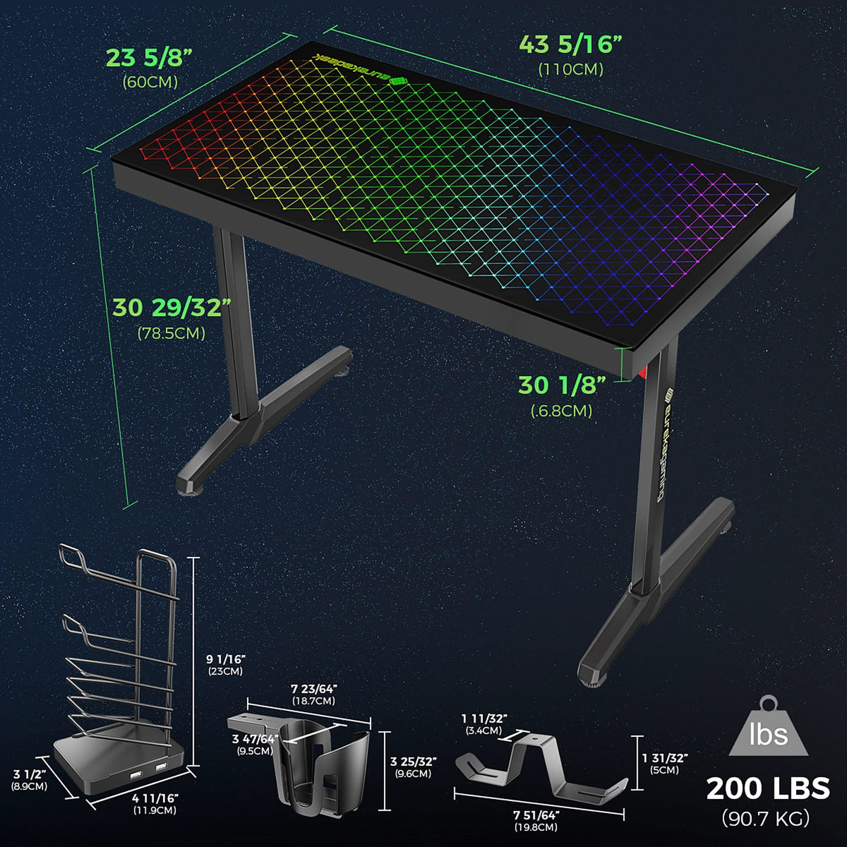 Escritorio para juegos Avoca de 43 pulgadas con cubierta de vidrio y LED RGB, color negro