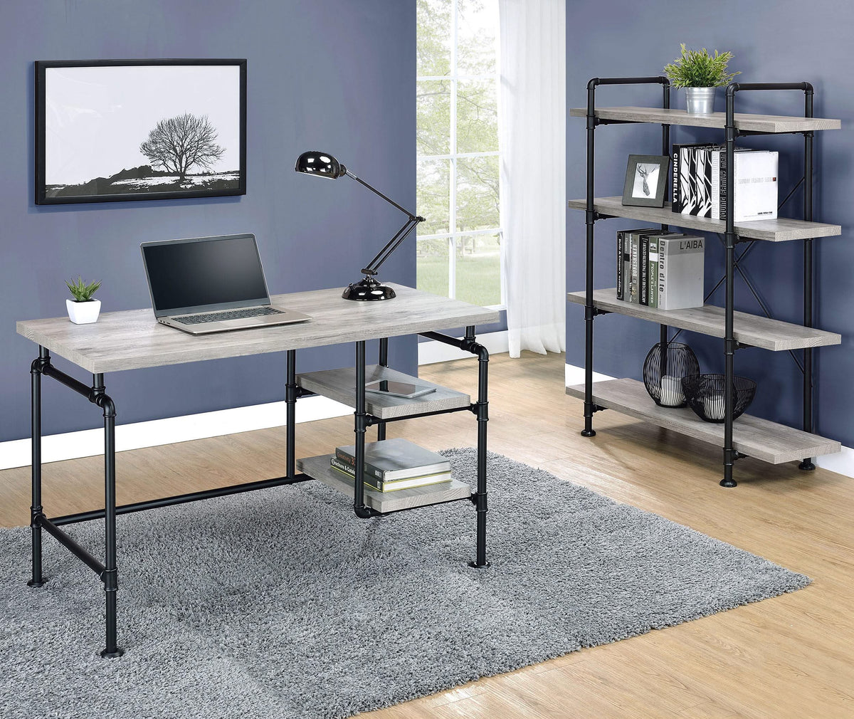 Delray 47-inch 2-shelf Piping Writing Desk Grey Driftwood