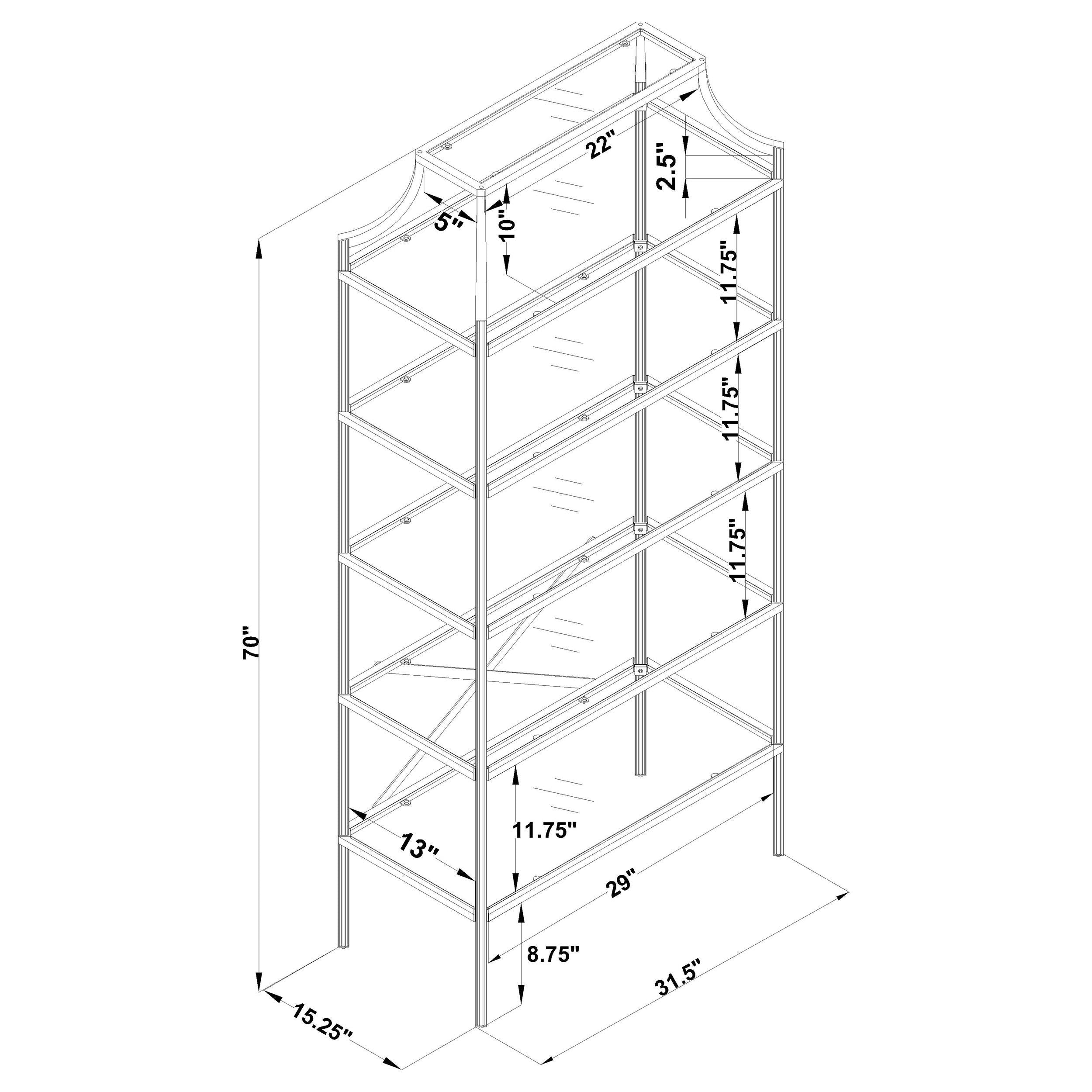 Serena 70-inch 5-shelf Glass Bookshelf Gold