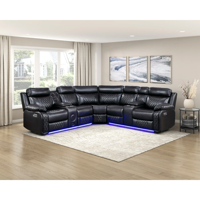 Cipher Collection 3-Piece Power Reclining Sectional with Two Consoles, Speakers, Subwoofer, LED Lighting and Charging Port