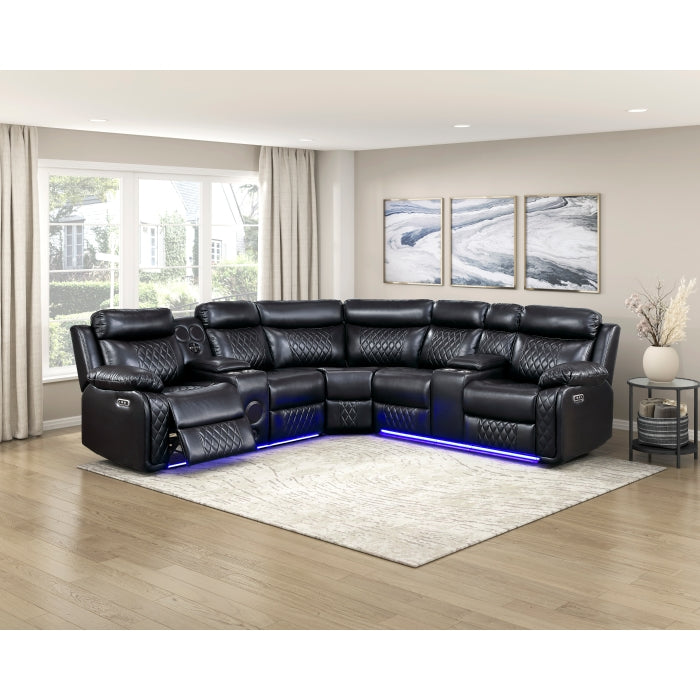 Cipher Collection 3-Piece Power Reclining Sectional with Two Consoles, Speakers, Subwoofer, LED Lighting and Charging Port