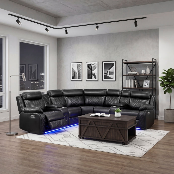 Cipher Collection 3-Piece Power Reclining Sectional with Two Consoles, Speakers, Subwoofer, LED Lighting and Charging Port