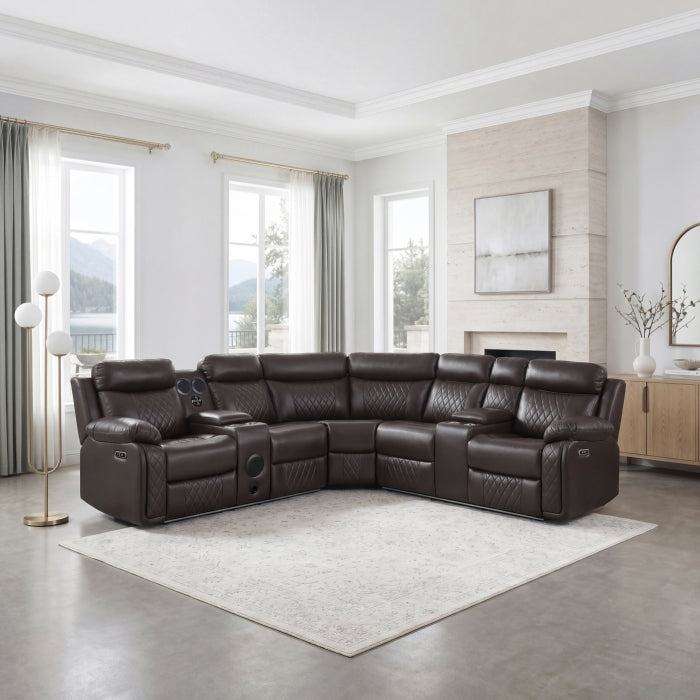 Cipher Collection 3-Piece Power Reclining Sectional with Two Consoles, Speakers, Subwoofer, LED Lighting and Charging Port