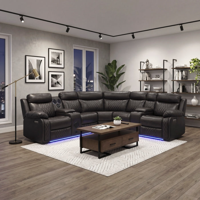 Cipher Collection 3-Piece Power Reclining Sectional with Two Consoles, Speakers, Subwoofer, LED Lighting and Charging Port