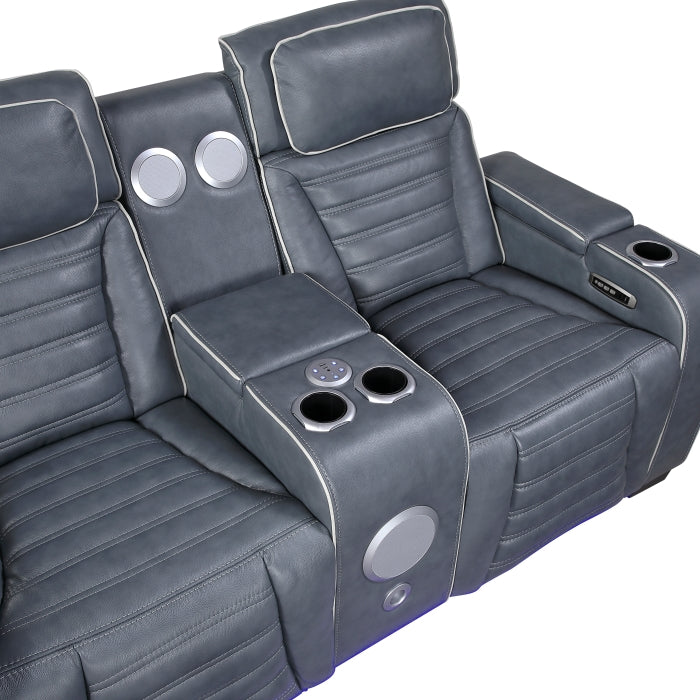 Cyber Collection Power Double Reclining Love Seat with Center Console, Power Headrests, Storage Arms(Top and Side) ,Cup Holders, Wireless Speakers with Sub-Woofer, Air Massage, Heat, LED Lighting and Charging Ports
