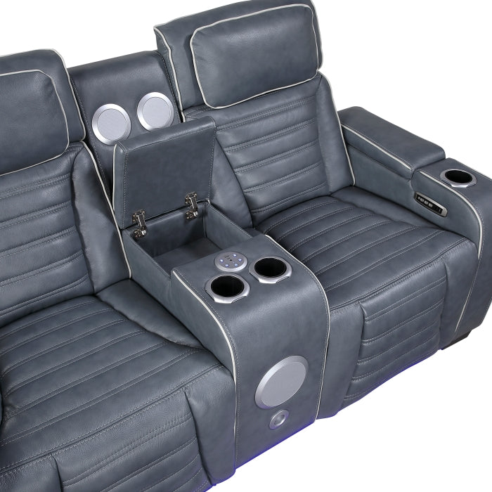 Cyber Collection Power Double Reclining Love Seat with Center Console, Power Headrests, Storage Arms(Top and Side) ,Cup Holders, Wireless Speakers with Sub-Woofer, Air Massage, Heat, LED Lighting and Charging Ports