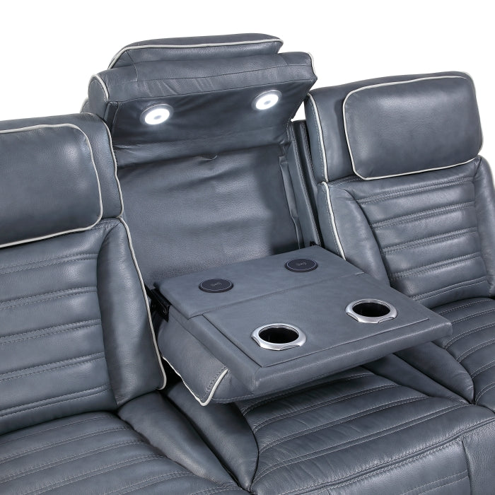 Cyber Collection Power Double Reclining Sofa with Center Drop-Down Cup Holders, Power Headrests, Storage Arms(Top and Side) ,Cup holders, Reading Lights, Wireless Charger, Air Massage, Heat, LED Lighting and Charging Ports