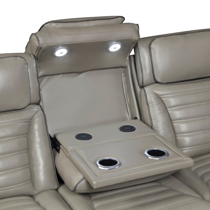 Cyber Collection Power Double Reclining Sofa with Center Drop-Down Cup Holders, Power Headrests, Storage Arms(Top and Side) ,Cup holders, Reading Lights, Wireless Charger, Air Massage, Heat, LED Lighting and Charging Ports