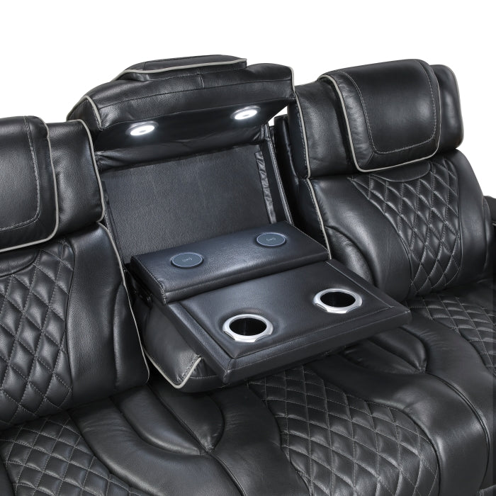 Apex Collection Power Double Reclining Sofa with Center Drop-Down Cup Holders, Power Headrests, Storage Arms with Cup holders, Reading Lights, Wireless Charger, Air Massage and Heat, LED Lighting and Charging Ports