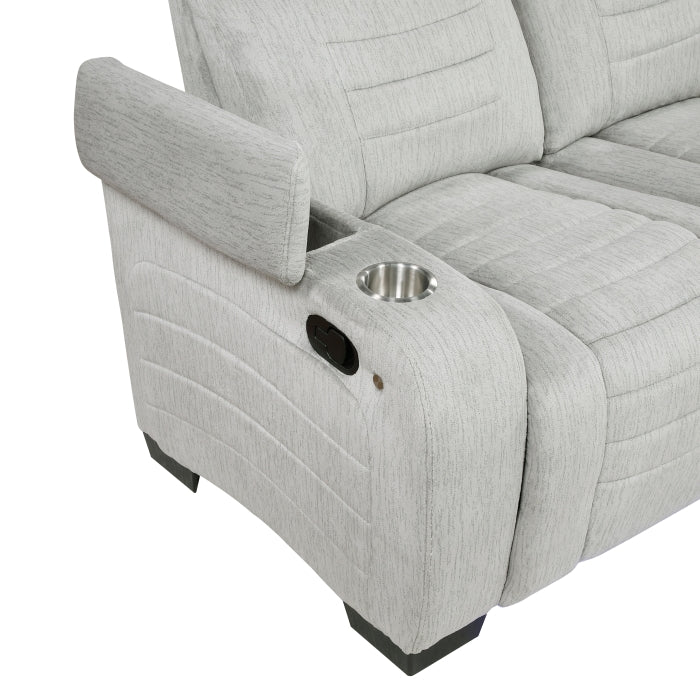 Ronan Collection Double Reclining Love Seat with Center Console, Wireless Speakers, Storage Arms, Cup holders and LED