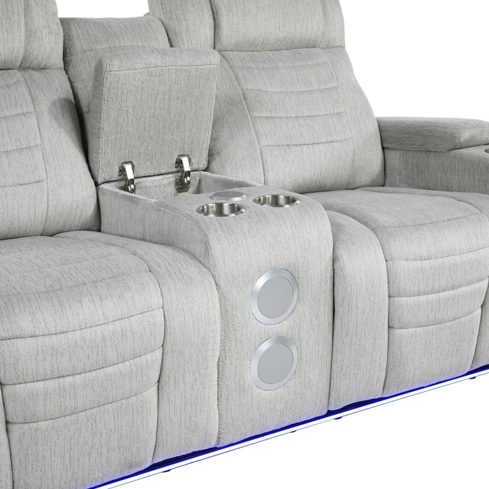 Ronan Collection Double Reclining Love Seat with Center Console, Wireless Speakers, Storage Arms, Cup holders and LED
