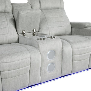 Ronan Collection Double Reclining Love Seat with Center Console, Wireless Speakers, Storage Arms, Cup holders and LED