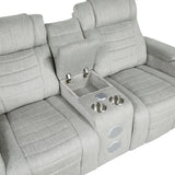 Ronan Collection Double Reclining Love Seat with Center Console, Wireless Speakers, Storage Arms, Cup holders and LED