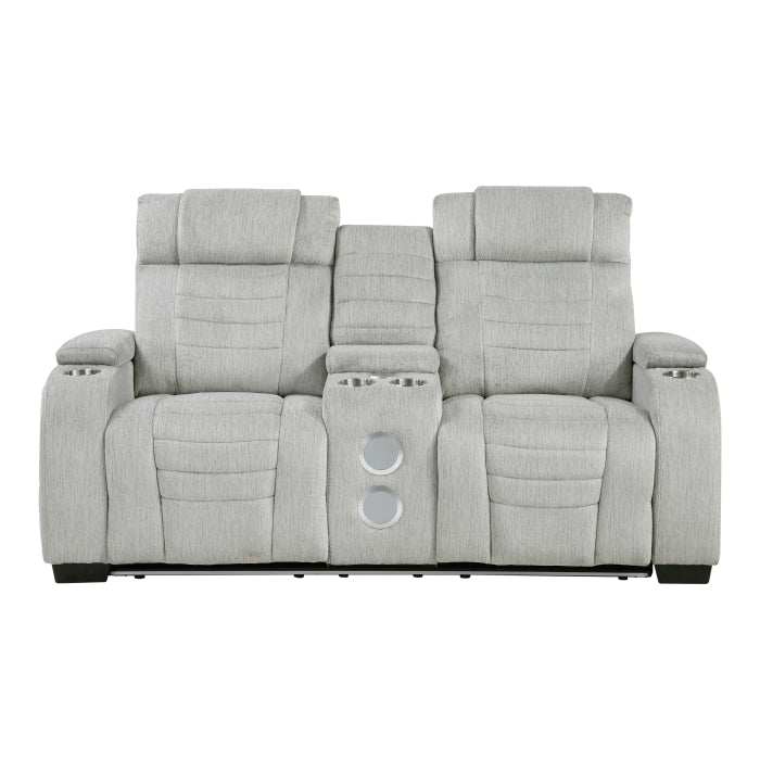 Ronan Collection Double Reclining Love Seat with Center Console, Wireless Speakers, Storage Arms, Cup holders and LED
