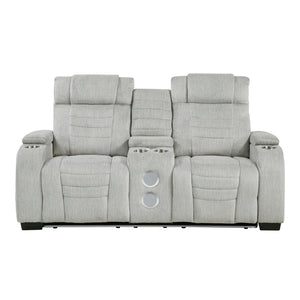 Ronan Collection Double Reclining Love Seat with Center Console, Wireless Speakers, Storage Arms, Cup holders and LED