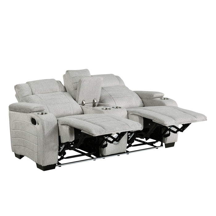 Ronan Collection Double Reclining Love Seat with Center Console, Wireless Speakers, Storage Arms, Cup holders and LED