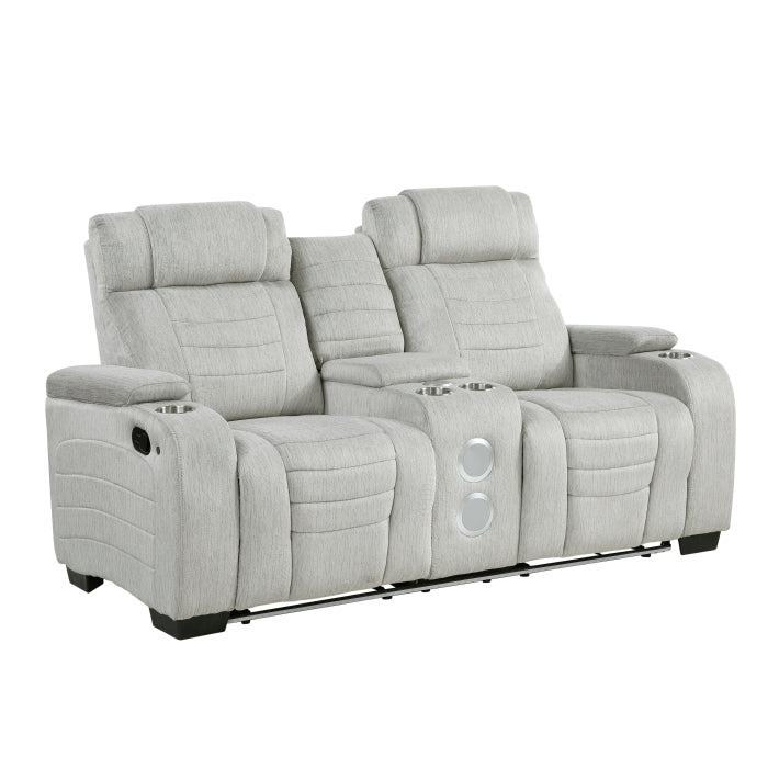 Ronan Collection Double Reclining Love Seat with Center Console, Wireless Speakers, Storage Arms, Cup holders and LED