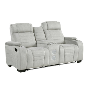 Ronan Collection Double Reclining Love Seat with Center Console, Wireless Speakers, Storage Arms, Cup holders and LED