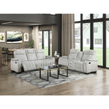 Ronan Collection Double Reclining Sofa with Center Drop-Down Cup Holders, Storage Arms, Cup Holders, Reading Lights, Magazine Bag, Receptacles, Charging Ports and LED