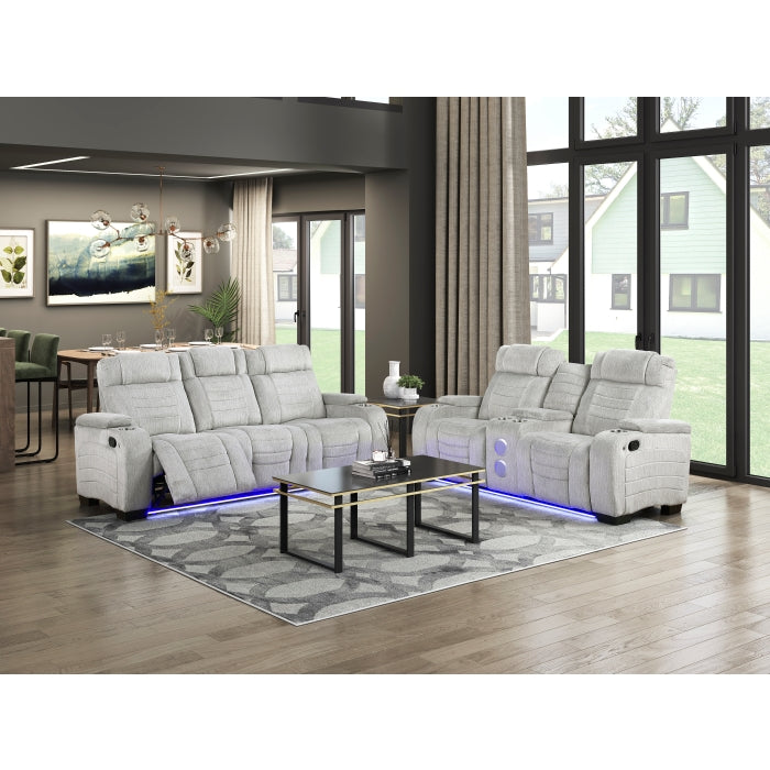 Ronan Collection Double Reclining Love Seat with Center Console, Wireless Speakers, Storage Arms, Cup holders and LED