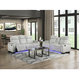Ronan Collection Double Reclining Sofa with Center Drop-Down Cup Holders, Storage Arms, Cup Holders, Reading Lights, Magazine Bag, Receptacles, Charging Ports and LED