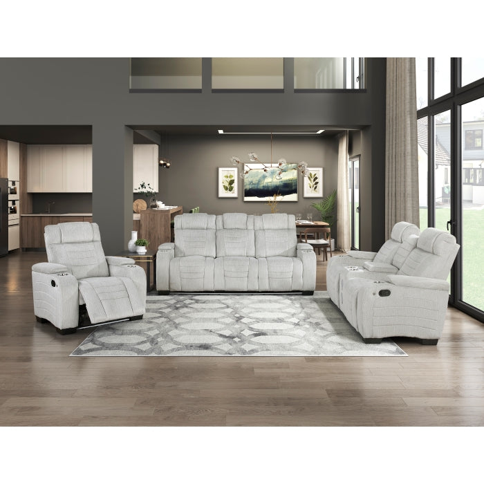 Ronan Collection Double Reclining Love Seat with Center Console, Wireless Speakers, Storage Arms, Cup holders and LED