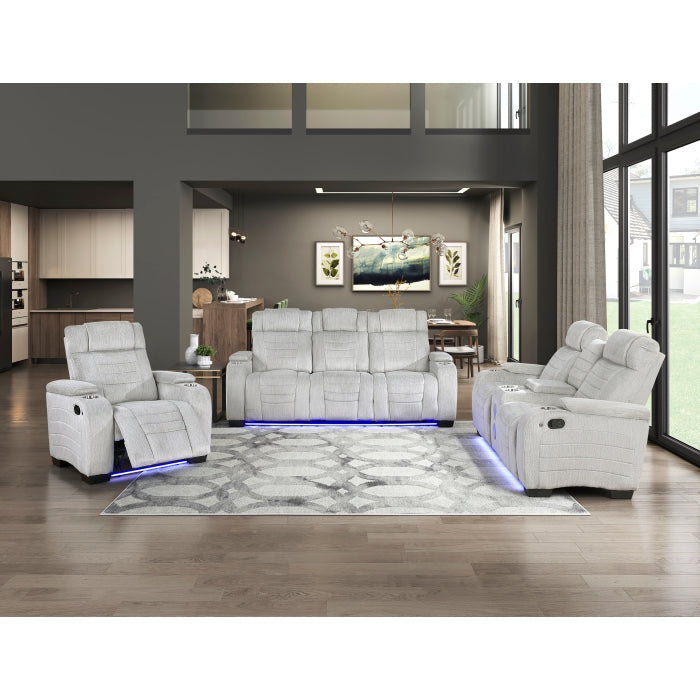 Ronan Collection Double Reclining Love Seat with Center Console, Wireless Speakers, Storage Arms, Cup holders and LED