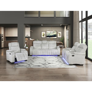 Ronan Collection Double Reclining Sofa with Center Drop-Down Cup Holders, Storage Arms, Cup Holders, Reading Lights, Magazine Bag, Receptacles, Charging Ports and LED