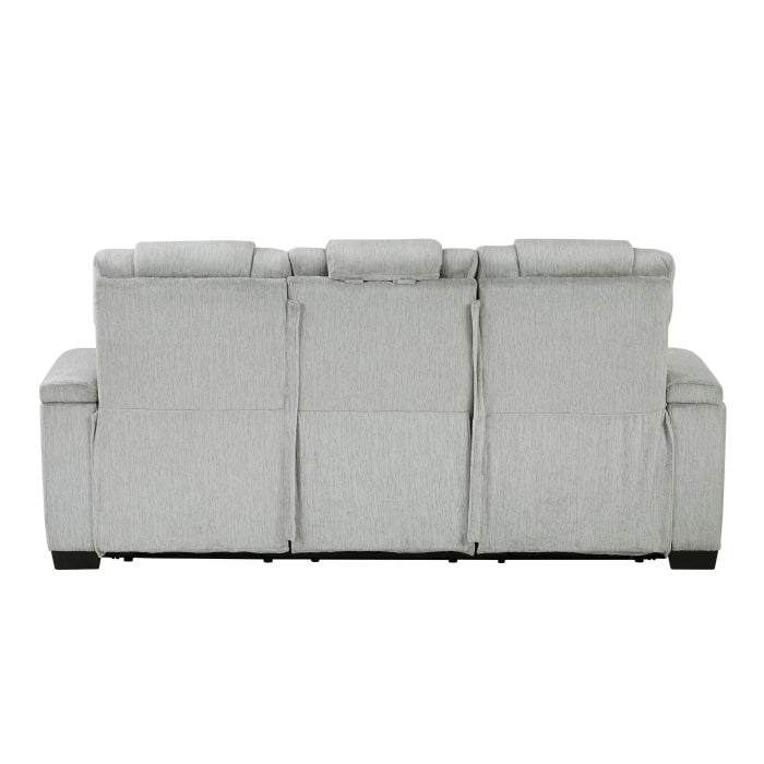Ronan Collection Double Reclining Sofa with Center Drop-Down Cup Holders, Storage Arms, Cup Holders, Reading Lights, Magazine Bag, Receptacles, Charging Ports and LED