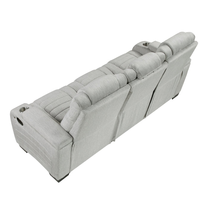 Ronan Collection Double Reclining Sofa with Center Drop-Down Cup Holders, Storage Arms, Cup Holders, Reading Lights, Magazine Bag, Receptacles, Charging Ports and LED
