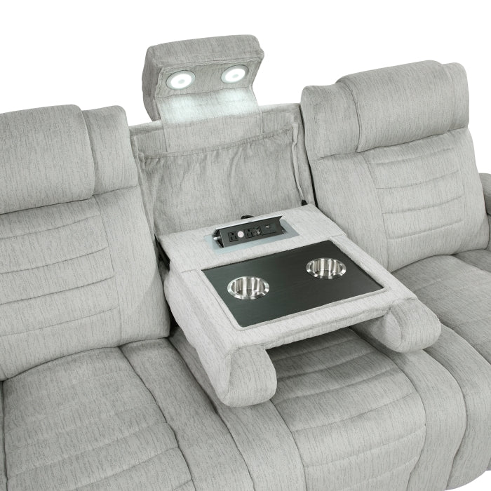 Ronan Collection Double Reclining Sofa with Center Drop-Down Cup Holders, Storage Arms, Cup Holders, Reading Lights, Magazine Bag, Receptacles, Charging Ports and LED