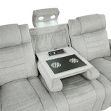 Ronan Collection Double Reclining Sofa with Center Drop-Down Cup Holders, Storage Arms, Cup Holders, Reading Lights, Magazine Bag, Receptacles, Charging Ports and LED