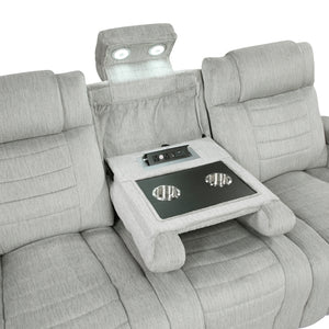 Ronan Collection Double Reclining Sofa with Center Drop-Down Cup Holders, Storage Arms, Cup Holders, Reading Lights, Magazine Bag, Receptacles, Charging Ports and LED