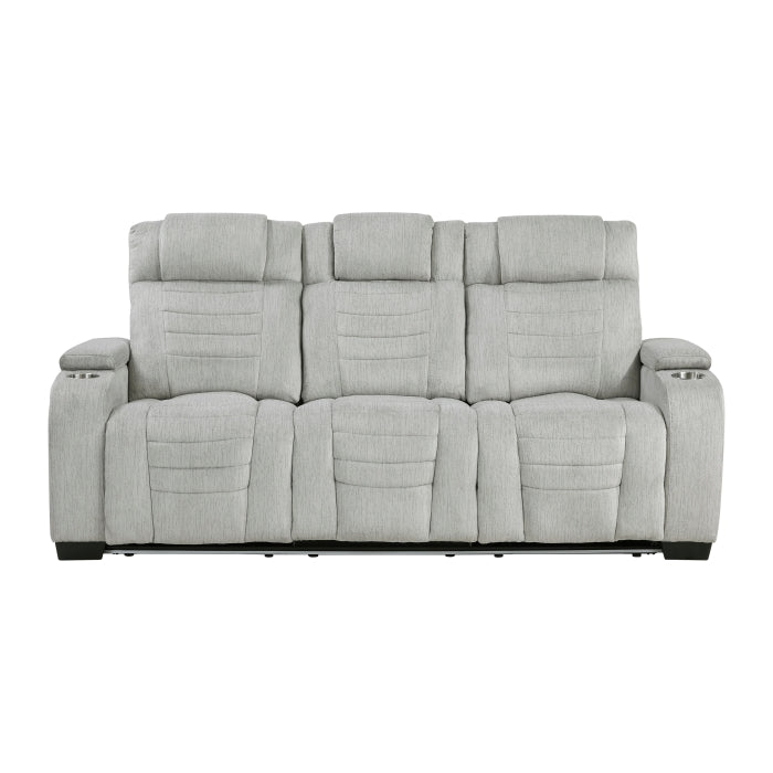 Ronan Collection Double Reclining Sofa with Center Drop-Down Cup Holders, Storage Arms, Cup Holders, Reading Lights, Magazine Bag, Receptacles, Charging Ports and LED