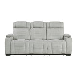 Ronan Collection Double Reclining Sofa with Center Drop-Down Cup Holders, Storage Arms, Cup Holders, Reading Lights, Magazine Bag, Receptacles, Charging Ports and LED