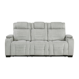Ronan Collection Double Reclining Sofa with Center Drop-Down Cup Holders, Storage Arms, Cup Holders, Reading Lights, Magazine Bag, Receptacles, Charging Ports and LED