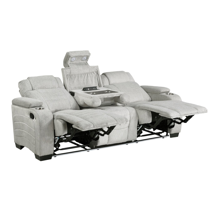 Ronan Collection Double Reclining Sofa with Center Drop-Down Cup Holders, Storage Arms, Cup Holders, Reading Lights, Magazine Bag, Receptacles, Charging Ports and LED