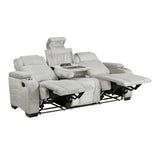 Ronan Collection Double Reclining Sofa with Center Drop-Down Cup Holders, Storage Arms, Cup Holders, Reading Lights, Magazine Bag, Receptacles, Charging Ports and LED