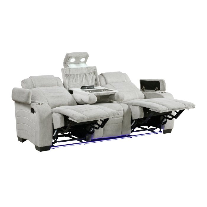 Ronan Collection Double Reclining Sofa with Center Drop-Down Cup Holders, Storage Arms, Cup Holders, Reading Lights, Magazine Bag, Receptacles, Charging Ports and LED