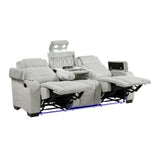 Ronan Collection Double Reclining Sofa with Center Drop-Down Cup Holders, Storage Arms, Cup Holders, Reading Lights, Magazine Bag, Receptacles, Charging Ports and LED