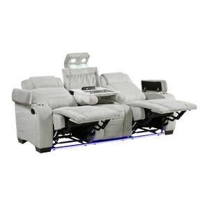 Ronan Collection Double Reclining Sofa with Center Drop-Down Cup Holders, Storage Arms, Cup Holders, Reading Lights, Magazine Bag, Receptacles, Charging Ports and LED