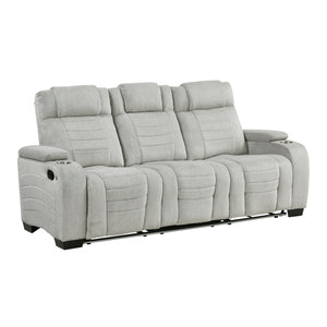 Ronan Collection Double Reclining Sofa with Center Drop-Down Cup Holders, Storage Arms, Cup Holders, Reading Lights, Magazine Bag, Receptacles, Charging Ports and LED
