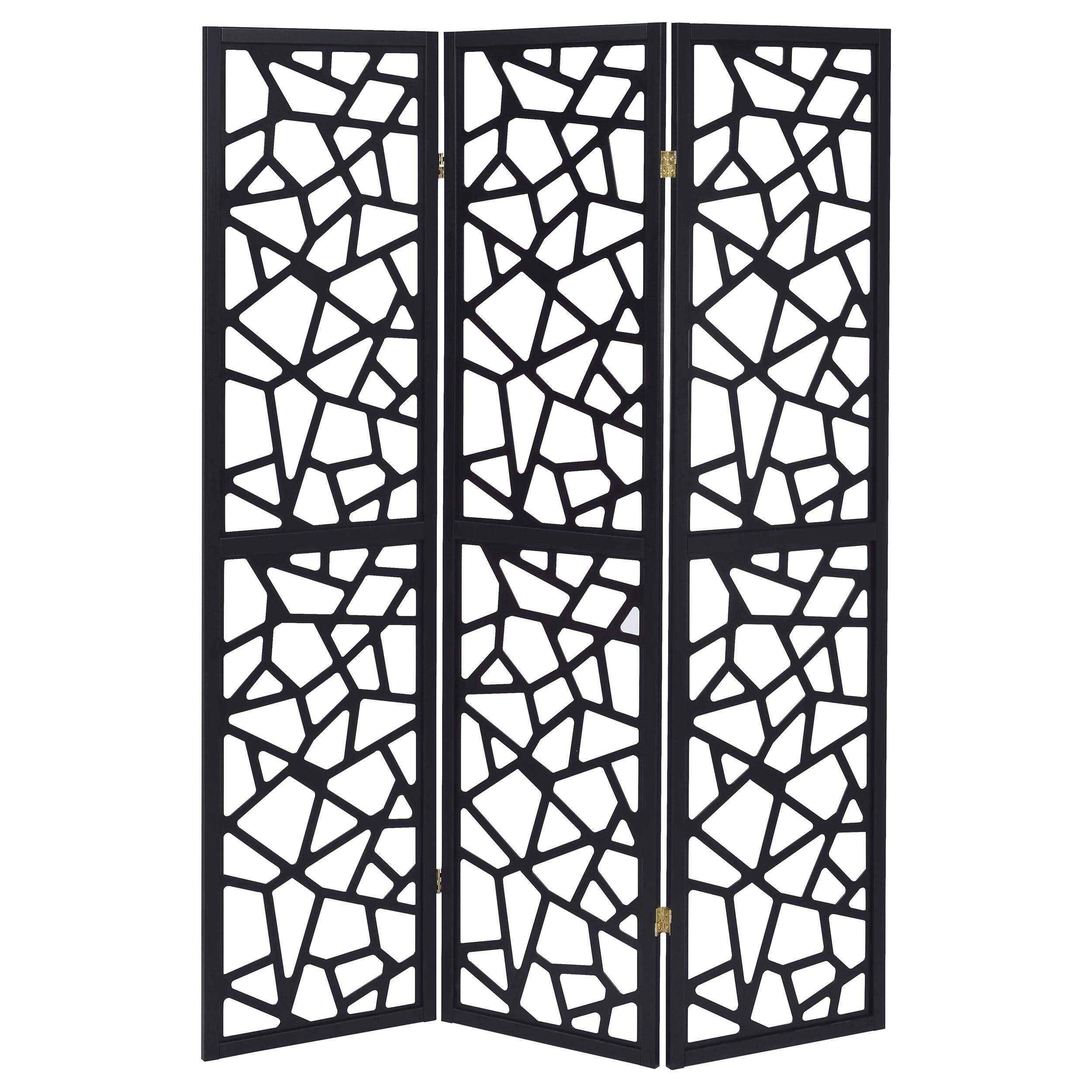 Nailan 3-Panel Room Divider Folding Screen Black Open Mosaic