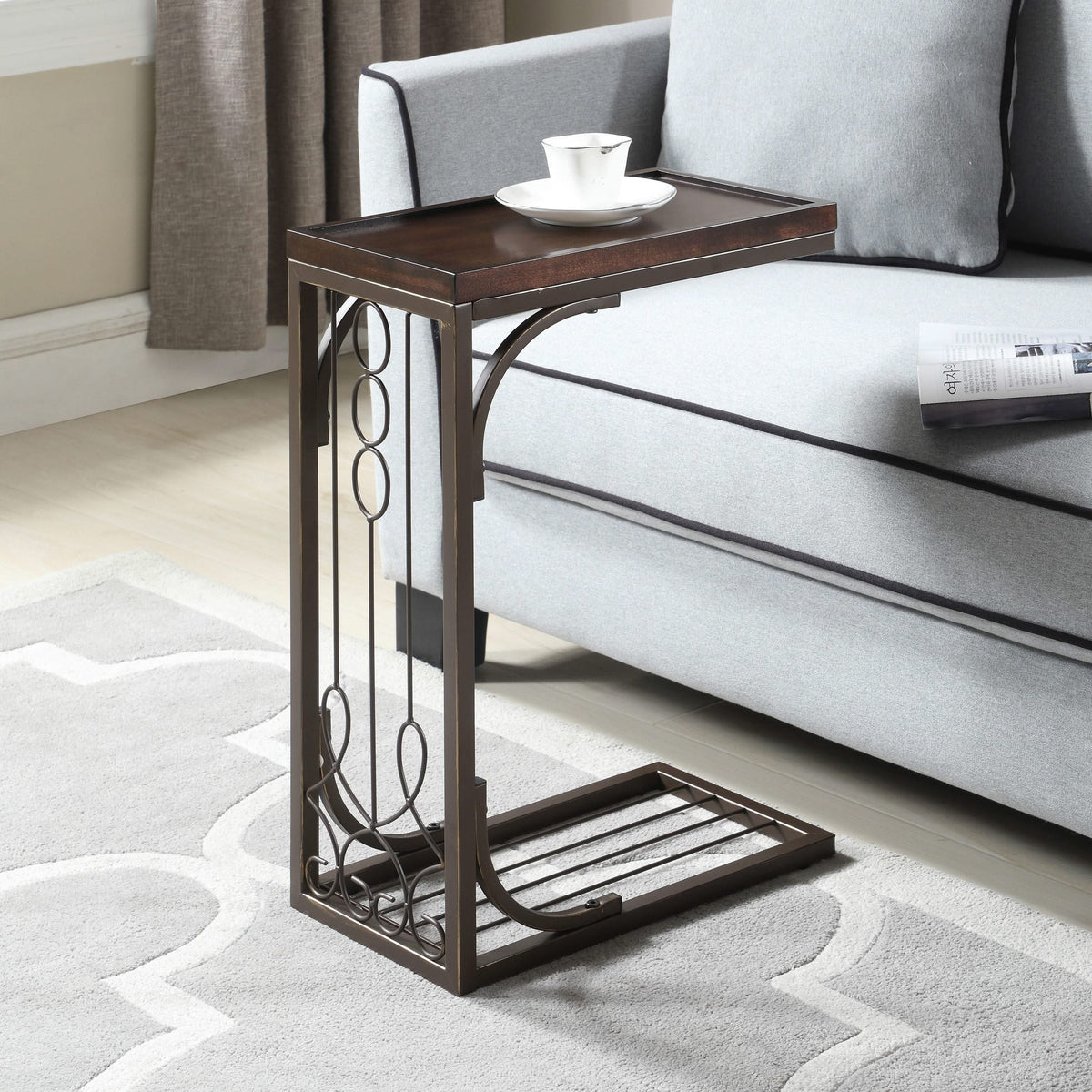 Mesa auxiliar rectangular en forma de C Alyssa, marrón y cobre