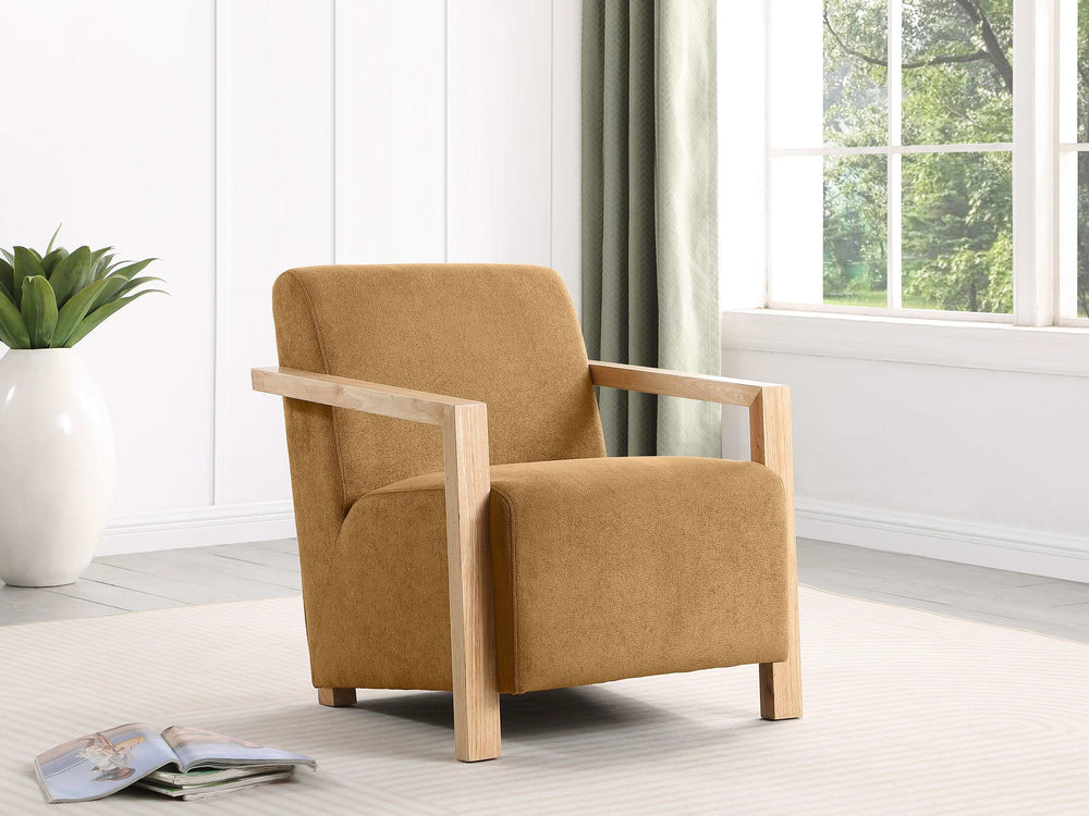 Sillón Diego tapizado con brazos de madera color miel