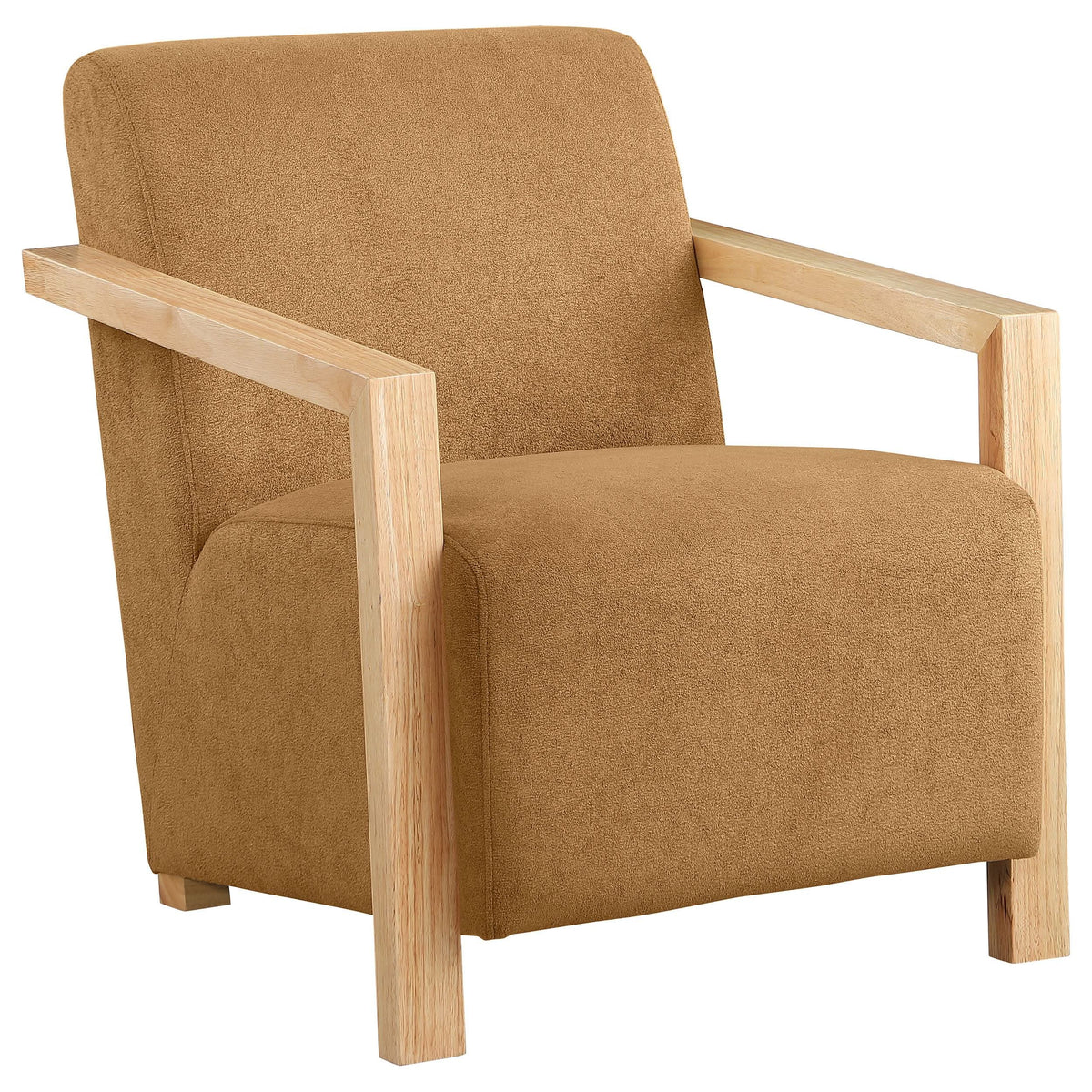 Sillón Diego tapizado con brazos de madera color miel