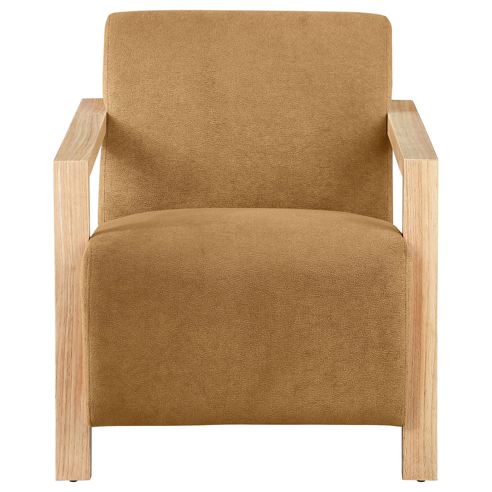 Sillón Diego tapizado con brazos de madera color miel