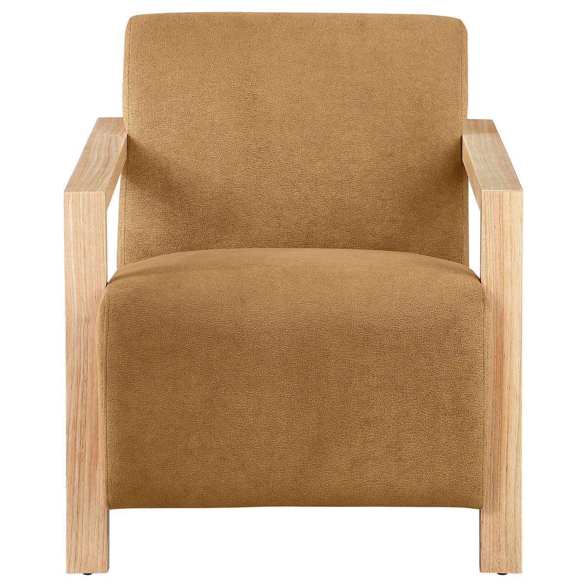Sillón Diego tapizado con brazos de madera color miel