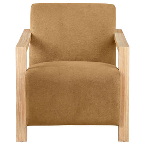 Sillón Diego tapizado con brazos de madera color miel